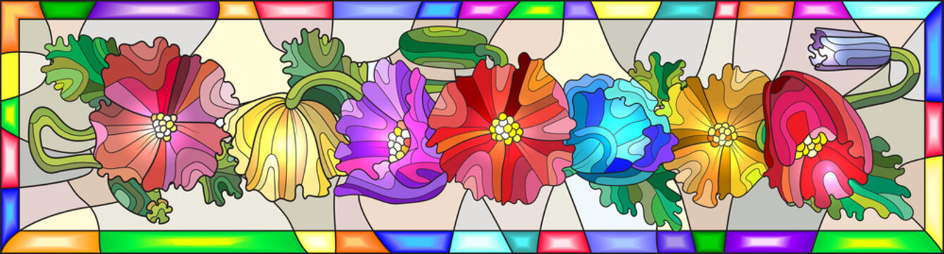 Illustration in stained glass style with colorful flowers
