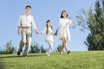 Naklejka na ściany i meble Happy young family walking hand in hand in a park