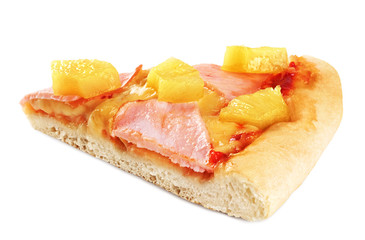Piece of pizza with pineapple and ham on white background.