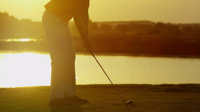 Caucasian Male Golfer Play Physical Golf Resort Global Success Target Sunrise