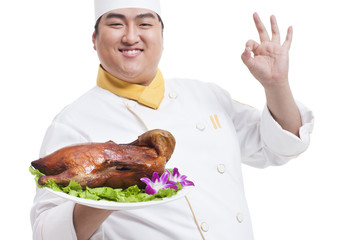 Chubby cook with roast duck