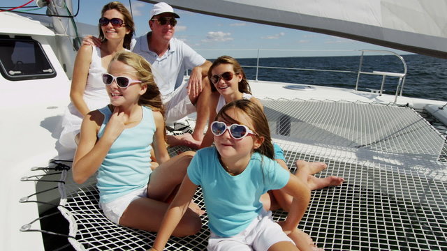 Healthy Caucasian Parents Daughters Outdoor Living Luxury Yacht