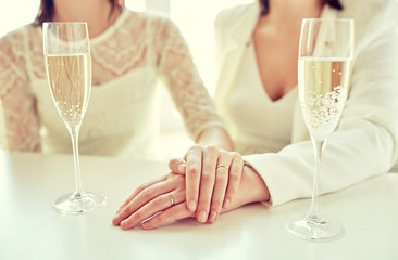 close up of lesbian couple with champagne glasses
