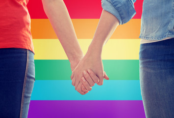 Obraz na płótnie Canvas close up of lesbian couple holding hands