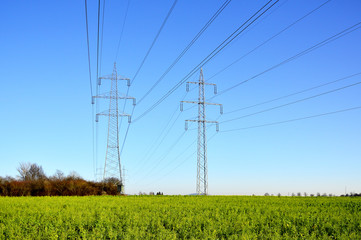Freileitungsmasten im gr&uuml;nen Feld
