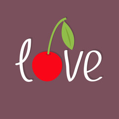 Word Love with cherry and leaf. Flat design Happy Valentines day card. Violet background.
