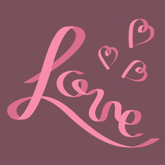 Pink satin ribbon in shape of word Love. Three hearts. Flat design. Violet background.