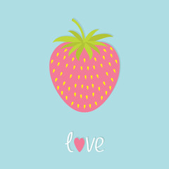 Love strawberry and leaf. Flat design Happy Valentines day card. Blue background.