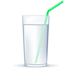 Glass of water with drinking straw. 