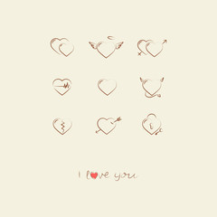 I love You. Doodle hearts icon set 9. Hand drawn text