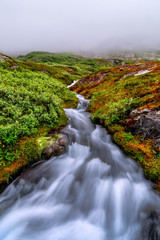 A small mountain stream cutting through the green, lush hill-side under early morning fog, Aurland, Norway