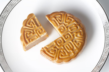 Mid-Autumn Festival Moon Cake, Cut and Presented on Plate
