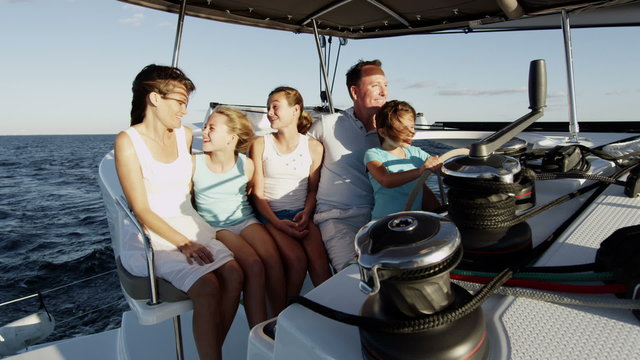 Young Caucasian Sisters Holiday Parents Group Tourism Yacht Sailing 