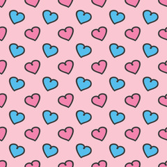 Valentine's Day colorful doodle hearts seamless pattern. Romantic background with hearts.