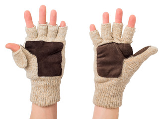 Knitted gloves with the cut-off ends