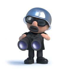 3d Biker holding a pair of binoculars