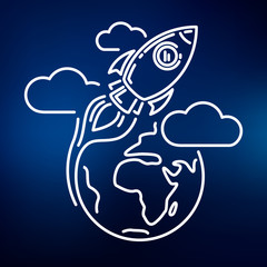 Conceptual rocket orbit earth icon. Rocket flying around earth sign. Spaceship orbit planet symbol. Thin line icon on blue background. Vector illustration of rocket orbiting earth with clouds.