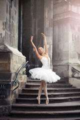 She can teach you grace. Vertical soft focus portrait of a stunning ballet dancer woman performing...