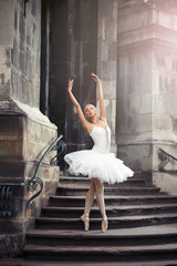 Obraz premium She can teach you grace. Vertical soft focus portrait of a stunning ballet dancer woman performing on the stairway of an old castle