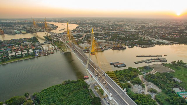 aerial view of bhumibol 1,2 bridge important landmark of bangkok