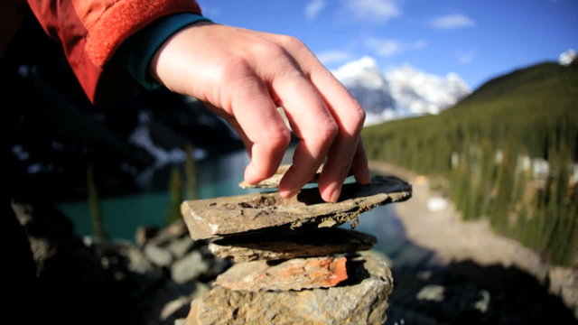 Scenic Landscape Female Hiker Lake Moraine British Columbia Stone Balance Cairn 