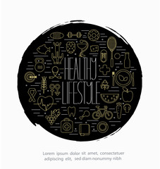 Line style vector illustration design concept of lifestyle in gold and white colors with text label design. Lots of food, sport, medicine symbols isolated on background with place for your text.