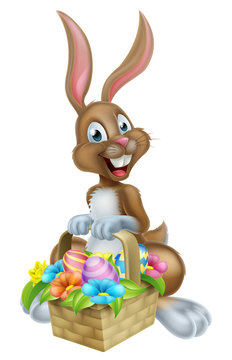 Cartoon Easter Bunny Rabbit with Eggs Basket