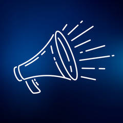 Loudspeaker icon. Megaphone sign. Announcement symbol. Thin line icon on blue background. Vector illustration.