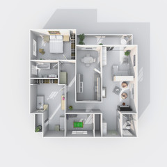 3d interior rendering of roofless apartment with furnishings