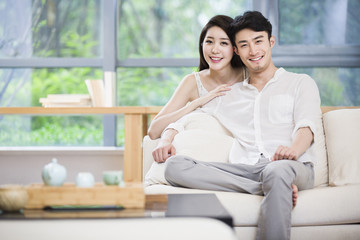 Cheerful young couple in living room