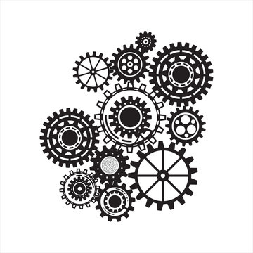 Business mechanism concept. Abstract background with connected gears and icons for strategy, service, analytics, research, seo, digital marketing, communicate concepts. 