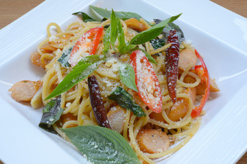 asia hot spaghetti dry chilli  bacon sausage