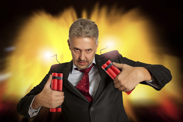 Crazy businessman holding explosive bomb