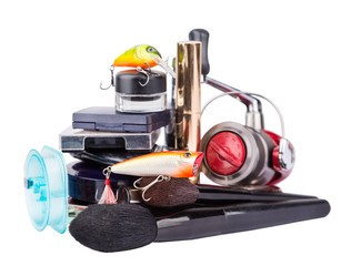 surprise woman beauty cosmetic tools and fishing tackles