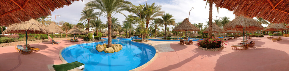 Panorama of swimming pool at luxury hotel, Sharm el Sheikh, Egyp