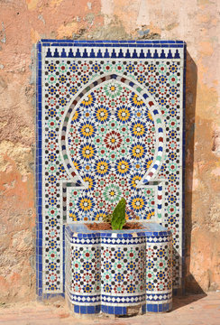 Background of colorful mosaic tiles in Arabic moorish style, beautiful patterns in morocco.
