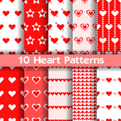 10 Heart vector seamless patterns. Red and white colors. For Valentines day background