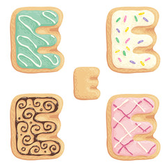The different types of the E letter in the shape of the cookie with sweet glaze