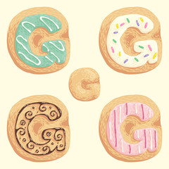 The different types of the G letter in the shape of the cookie with sweet glaze