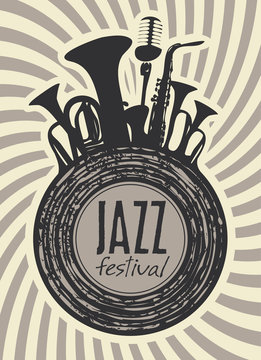 banner for jazz festival with wind instruments and vinyl record