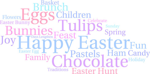 Happy Easter Word Cloud on a white background. 