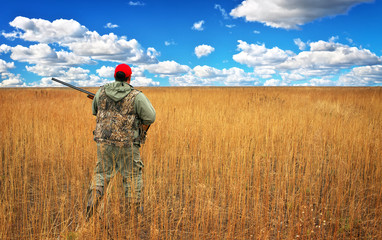 Hunter moving with shotgun looking for prey in the field. 