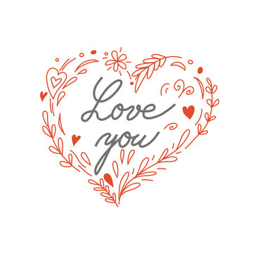 Love you heart. Happy Valentine's background with heart and ornamental leaves. Vector illustration. Can be used as Valentine's greeting card.