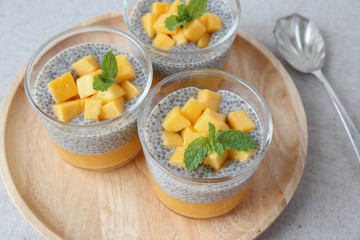 Homemade Chia seed pudding with mango, selective focus, toning