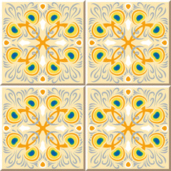 Vintage seamless wall tiles of peacock feather. Moroccan, Portuguese.
