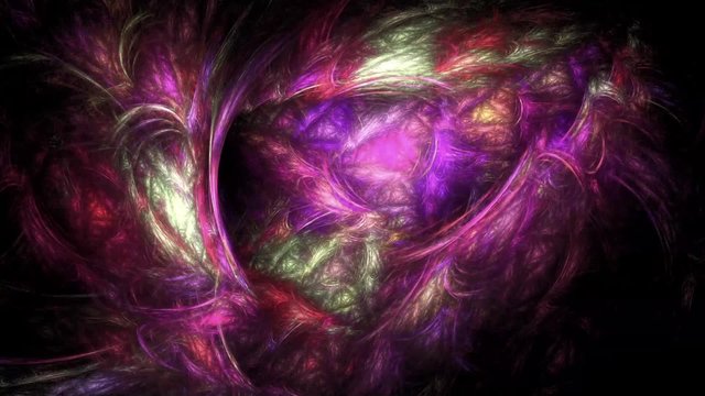 Colorful spiral made of abstract fractals glows in the dark. Seamless loop. Abstract shapes and textures.