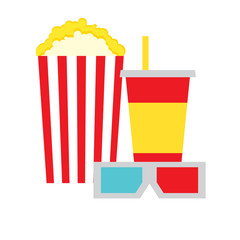 Popcorn Box, Cola and 3D Glasses Vector Illustration.