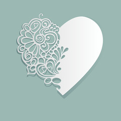 White heart. Heart made of paper. Cut lace pattern. - obrazy, fototapety, plakaty