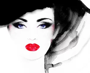 Poster de jardin Visage aquarelle Beau visage. portrait de femme avec chapeau. peinture à l& 39 aquarelle. fond de mode