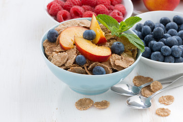 whole-grain flakes with fruit and berries, close-up